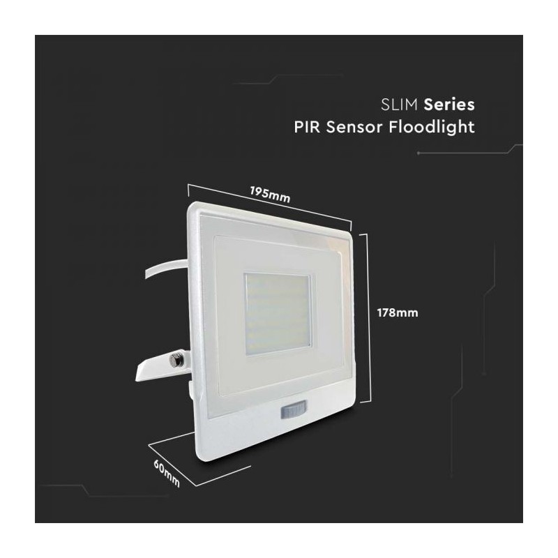 Projetor LED c/ Sensor V-TAC PRO Slim SMD 50W Branco Luz Natural (4000K)