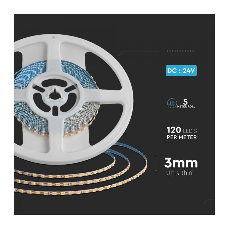 Fita LED 5M Ultra Slim V-TAC 24V 8W/m 120x SMD 2835 IP20 Luz Natural (4000K)