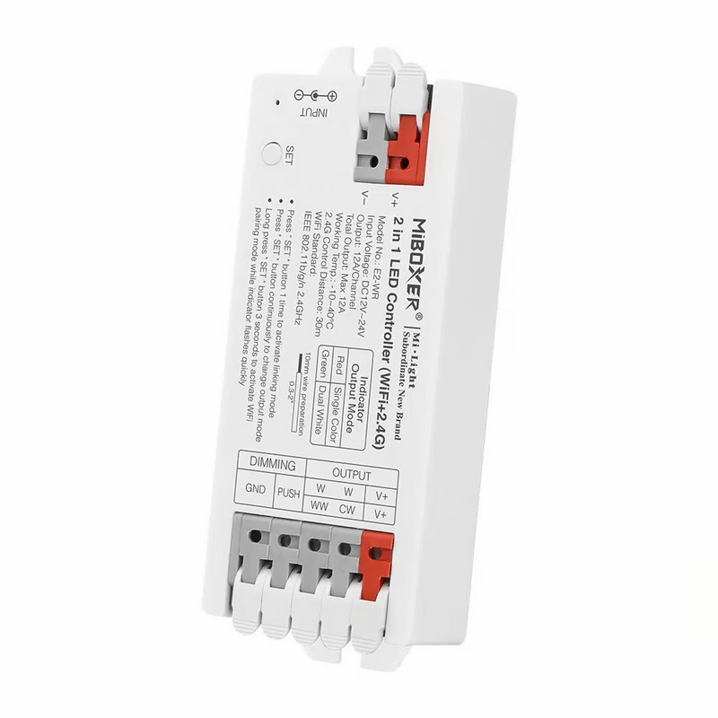 Controlador MIBOXER 12V/24V DC 12A RF WIFI+2.4GHz E2-WR 2 em 1 - 2 Canais Monocolor (W+W)/CCT