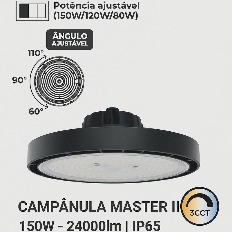 Campânula LED UFO MASTER II 150W Potência/Ângulo Regulável + Dimável 0-10V 3CCT (3000K-4000K-5000K)
