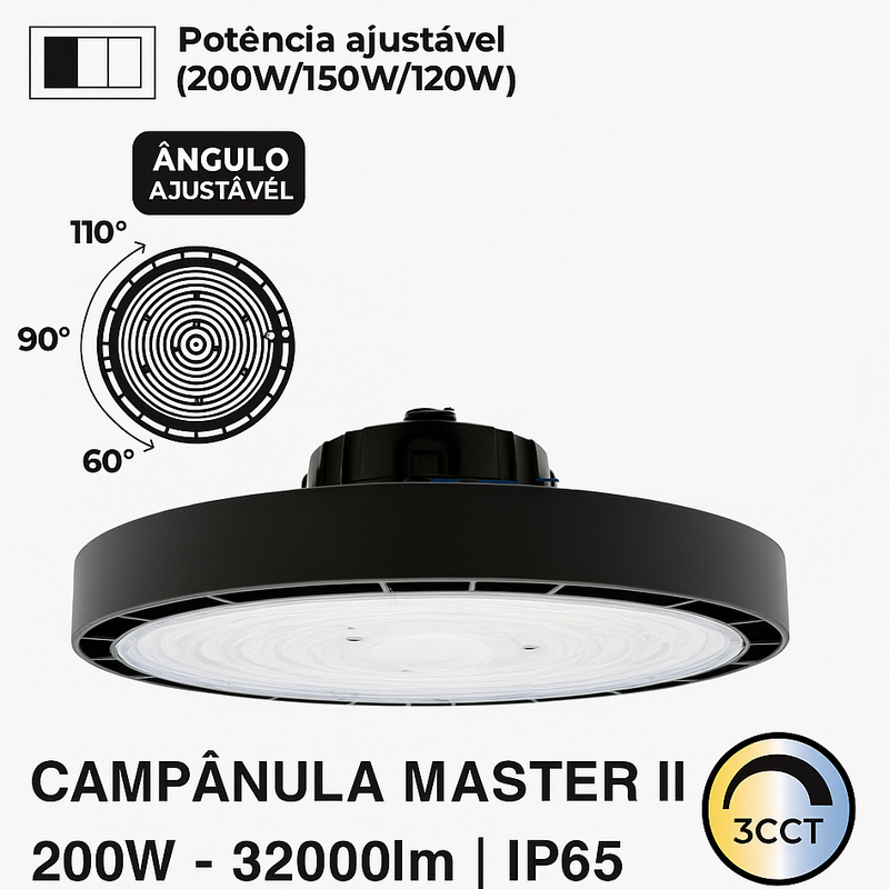 Campânula LED UFO MASTER II 200W Potência/Ângulo Regulável + Dimável 0-10V 3CCT (3000K-4000K-5000K)