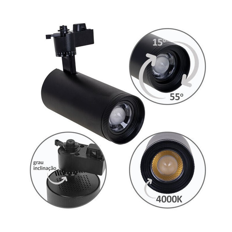 Projetor LUMIT ARGOS Preto para Calha Monofásica 30W Luz Natural (4000K)