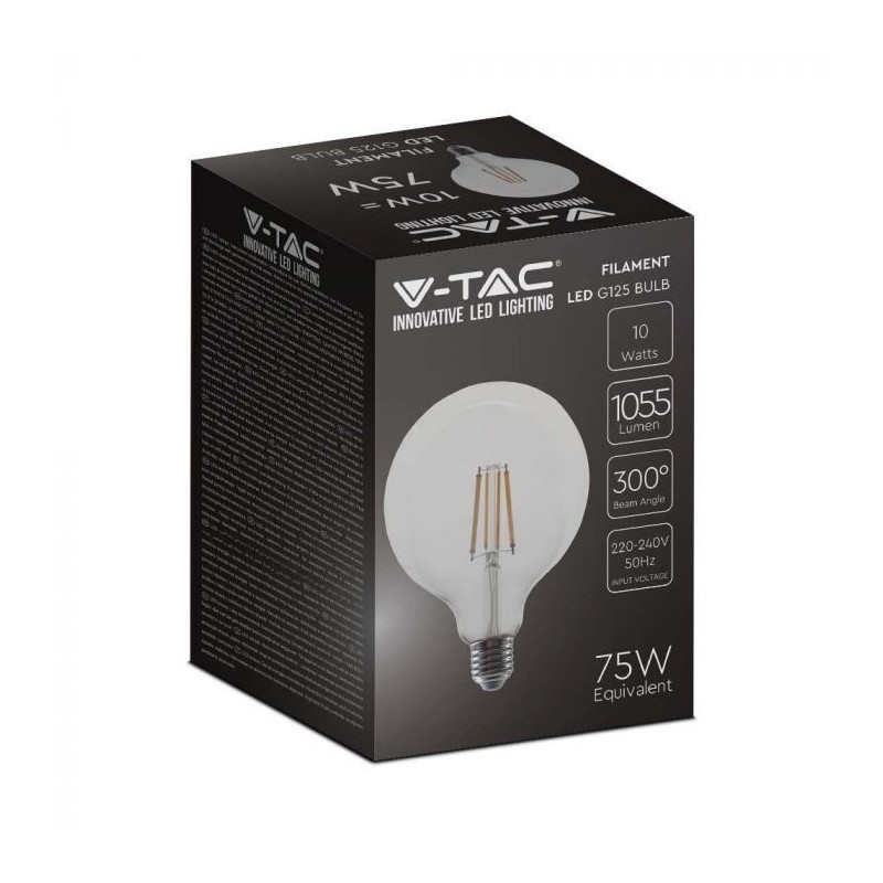 Lâmpada LED V-TAC E27 G125 Vidro Transparente Filamento 10W Luz Natural (4000K)