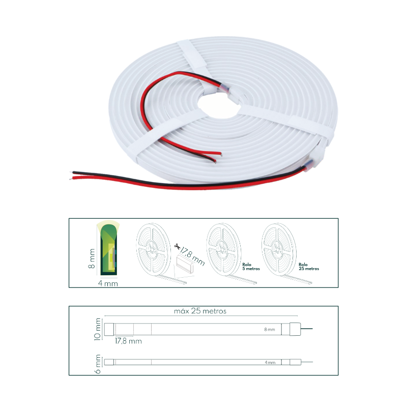 LED Neon Flex 25M EPLUS 12V 6.2W/m 4x8mm Luz Quente (2700K) IP67