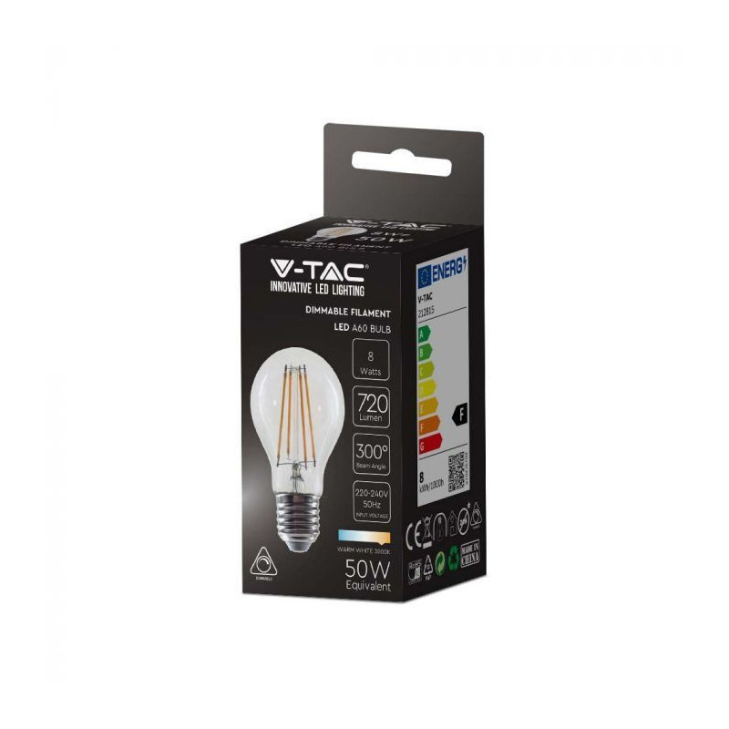 Lâmpada LED V-TAC E27 A60 Filamento 8W Luz Quente Dimável (3000k)