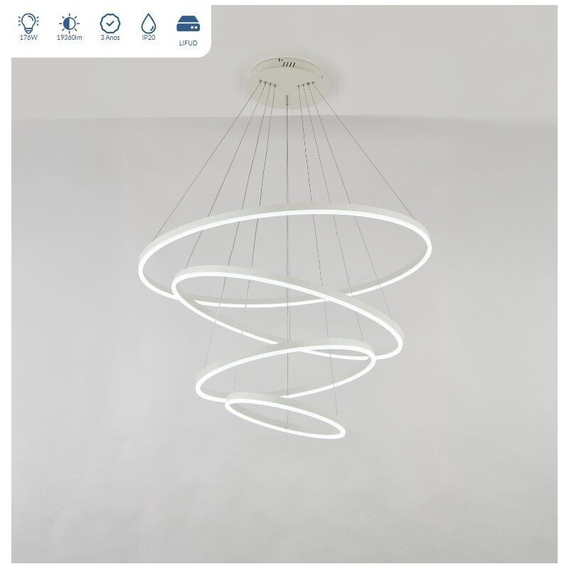 Candeeiro Suspenso LED MLUX ORBITA 4 Anéis 176W Branco 100cm Luz Quente (3000K)