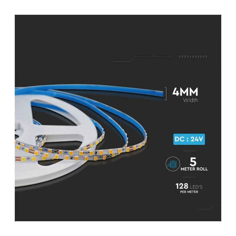 Fita LED 5M Ultra Slim V-TAC 24V 10W/m 128x SMD 2835 IP20 Luz Quente (3000K)
