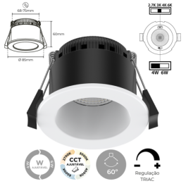 Downlight LED SLIGHTING ERIS 4W-6W Dimável TRIAC Redondo Branco 4CCT (2700K-3000K-4000K-6500K) IP65