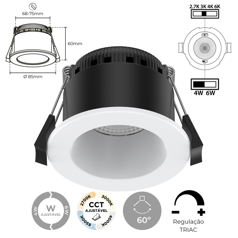 Downlight LED SLIGHTING ERIS 4W-6W Dimável TRIAC Redondo Branco 4CCT (2700K-3000K-4000K-6500K) IP65