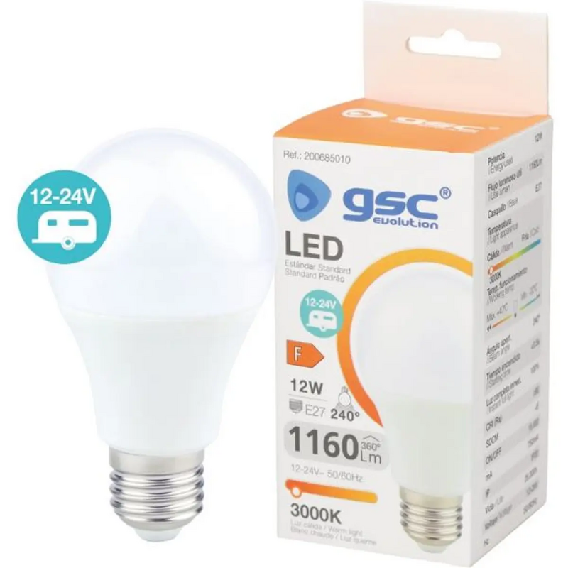 Lâmpada LED GSC E27 12-24Vdc A60 12W Luz Quente (3000K)