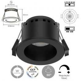Downlight LED SLIGHTING ERIS 4W-6W Dimável TRIAC Redondo Preto 4CCT (2700K-3000K-4000K-6500K) IP65