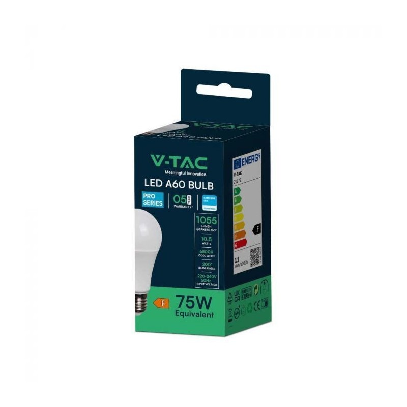 Lâmpada LED V-TAC PRO E27 A60 10.5W Luz Fria (6500K)