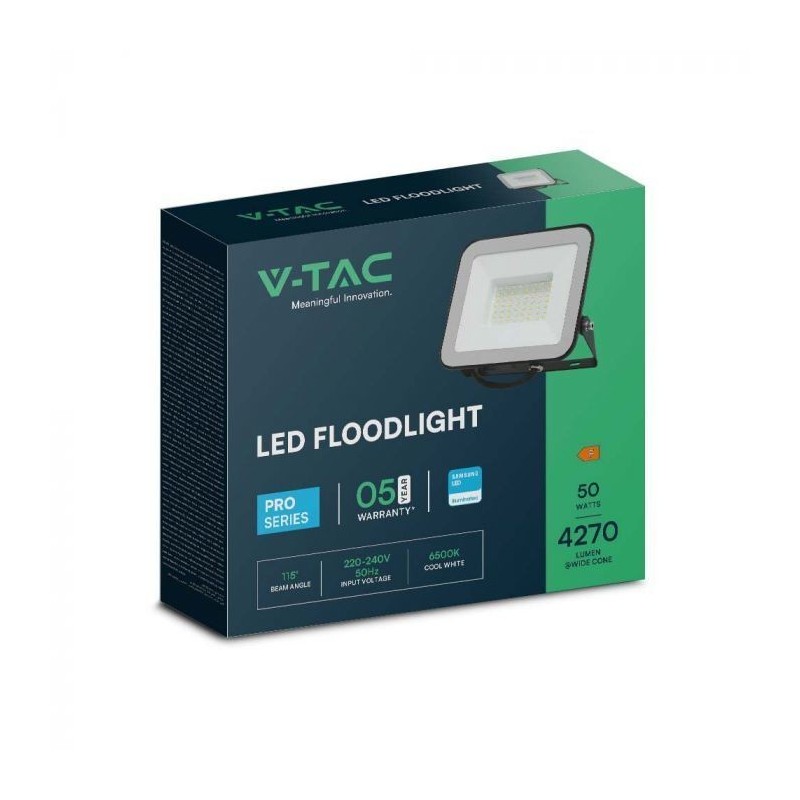 Projetor LED V-TAC PRO Slim SMD 50W Preto/Cinza Luz Fria (6500K)