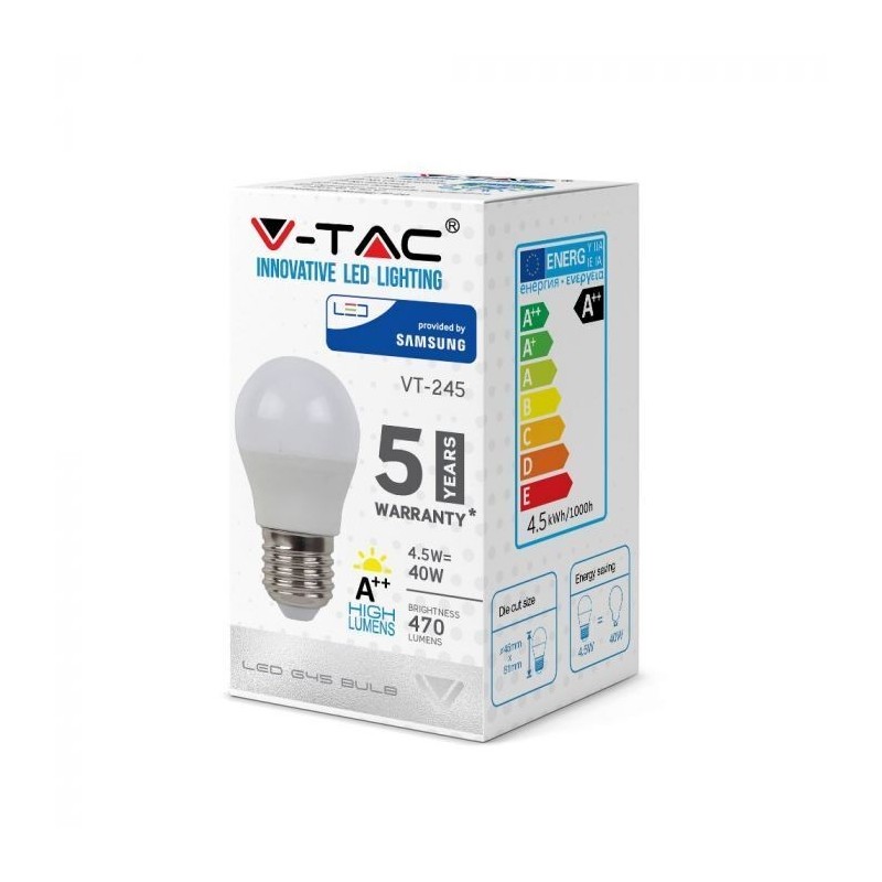 Lâmpada LED V-TAC PRO A++ E27 G45 4.5W Luz Natural (4000K)