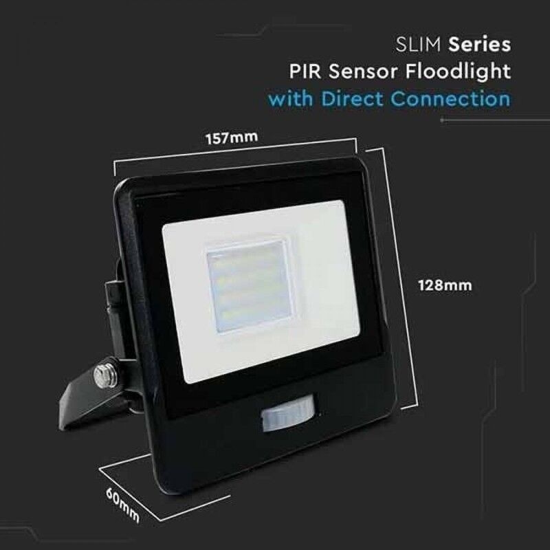 Projetor LED c/ Sensor + caixa de ligação V-TAC PRO Slim SMD 20W Preto Luz Fria (6500K)