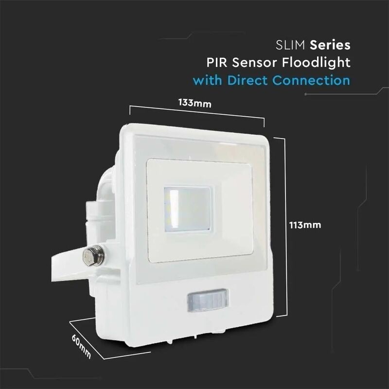 Projetor LED c/ Sensor + caixa de ligação V-TAC PRO Slim SMD 10W Branco Luz Fria (6500K)