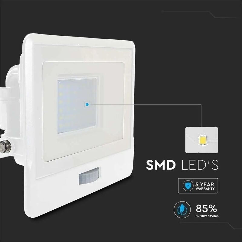 Projetor LED c/ Sensor + caixa de ligação V-TAC PRO Slim SMD 30W Branco Luz Fria (6500K)