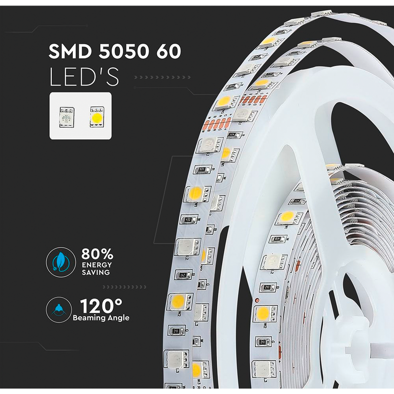 Fita LED 5M V-TAC 12V 8W/m 60x SMD 5050 IP20 RGB+WW (3000K)