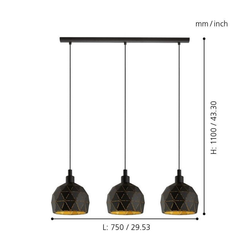 Candeeiro Suspenso EGLO ROCCAFORTE Aço Preto/Ouro 3xE14