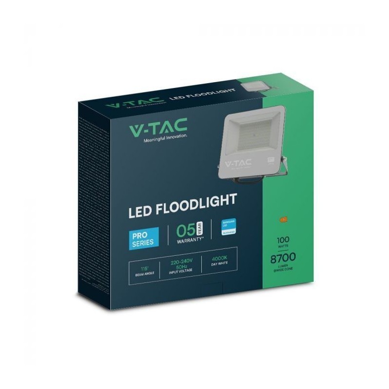 Projetor LED V-TAC PRO Slim SMD 100W Preto Luz Fria (6500K)